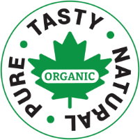 A green stylized maple leaf surrounded by the text Pure, Tasty, Natural and Organic.