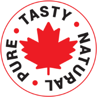 Red stylized maple leaf surrounded by the text Pure, Tasty, Natural
