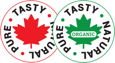 A red and a green stylized maple leaf surrounded with the text Pure, Tasty, Natural